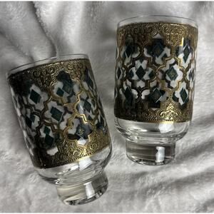 Vintage Four Culver Valencia Footed Highball Glasses 22K Gold Green Diamond